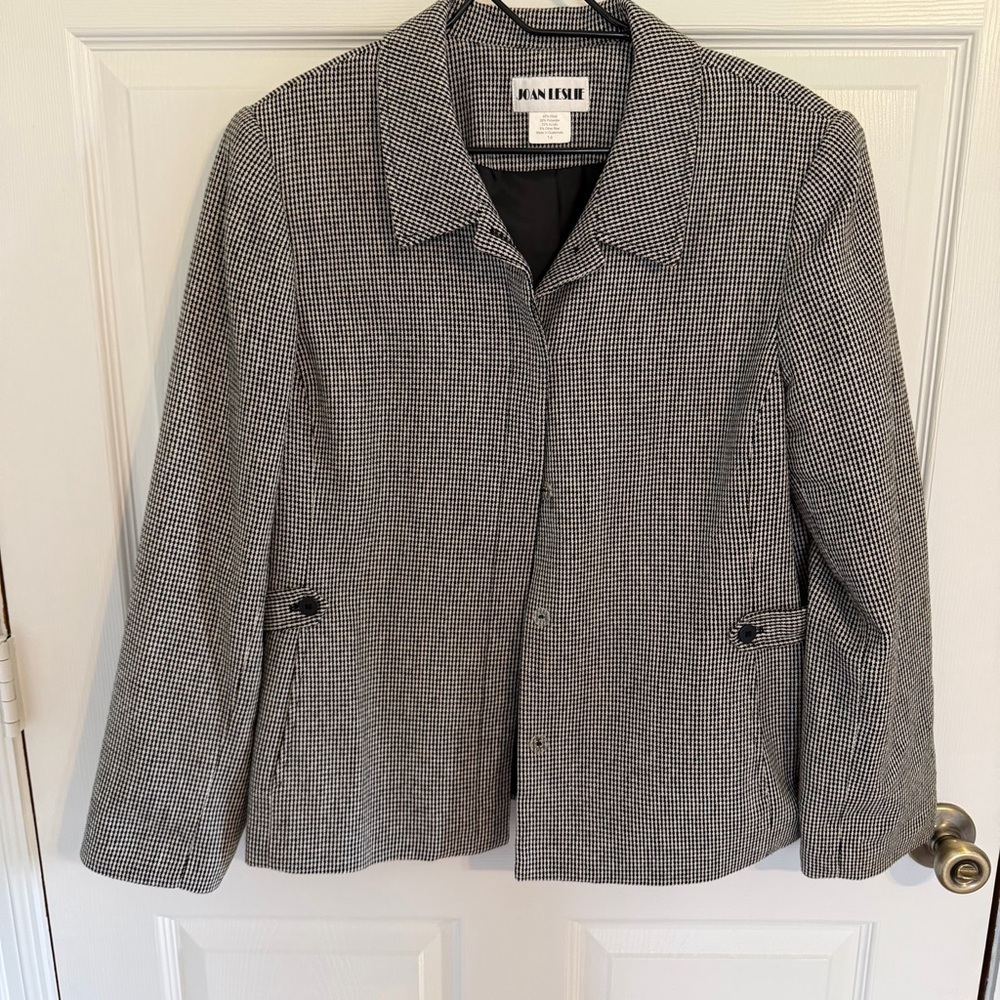 Joan Leslie Size 14 Wool Blend Houndstooth Blazer Jacket Black White Classic